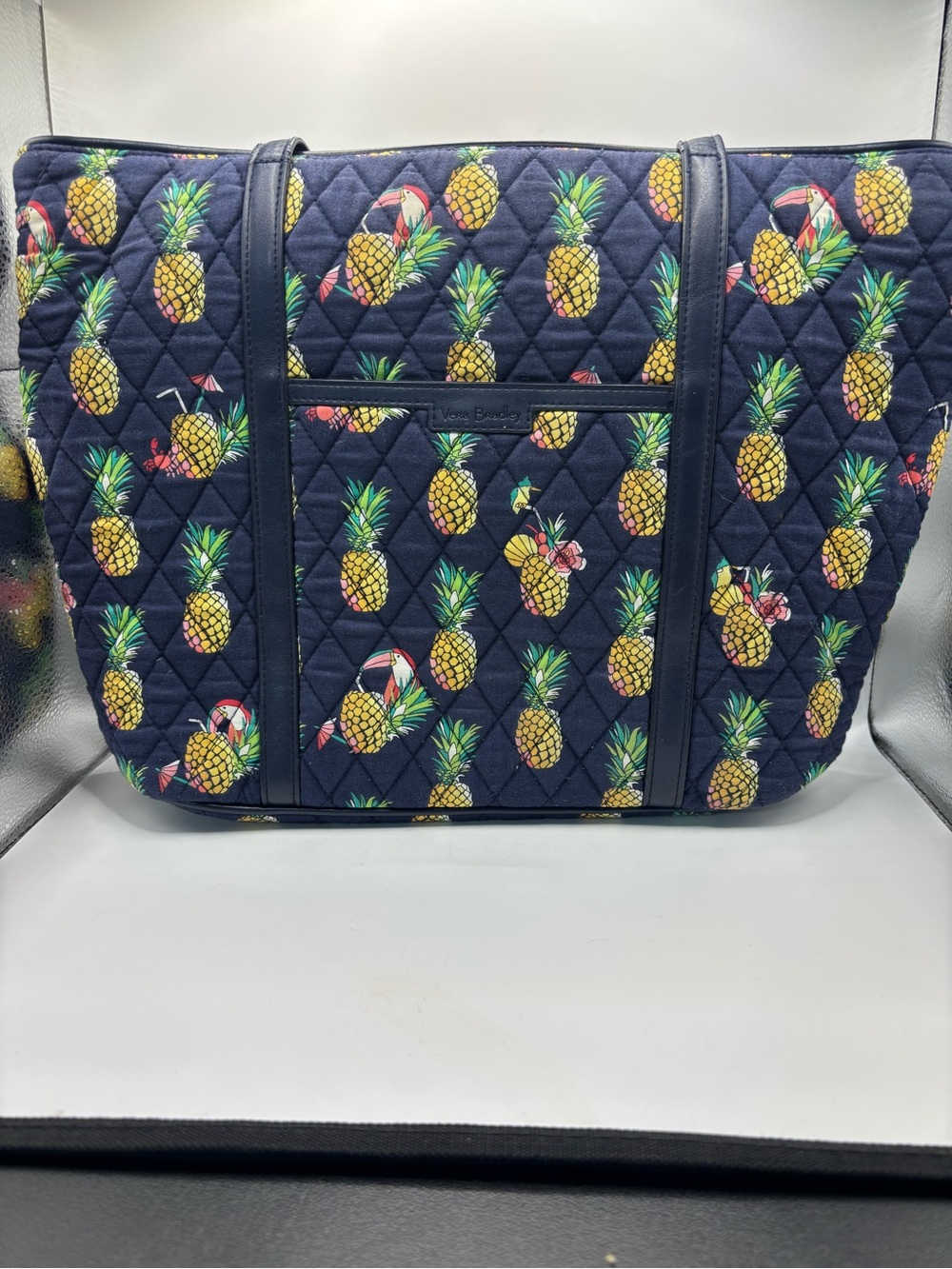 Vera Bradley Navy Quilted Tote with Yellow Pineapple Print